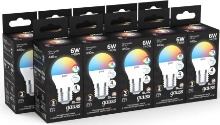 Лампа светодиодная Gauss 105102406 6Вт цок.:G45 шар 175B св.свеч.RGB (упак.:1шт)