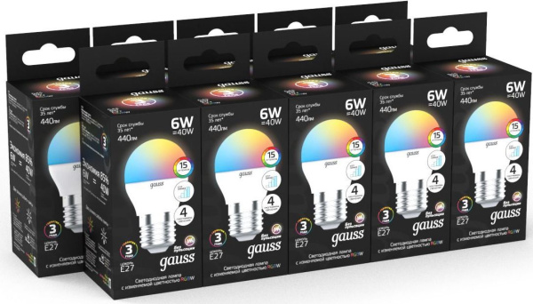 Лампа светодиодная Gauss 105102406 6Вт цок.:G45 шар 175B св.свеч.RGB (упак.:1шт)