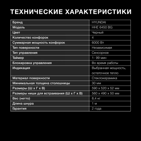 Варочная поверхность Hyundai HHE 6450 BG черный