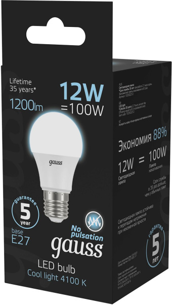 Лампа светодиодная Gauss A60 12Вт цок.:E27 шар 220B 4100K св.свеч.бел.нейт. A60 (упак.:10шт) (102502212)