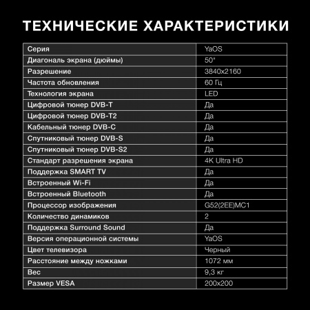 Телевизор LED Hyundai 50" H-LED50BU7003 Яндекс.ТВ Frameless черный 4K Ultra HD 60Hz DVB-T DVB-T2 DVB-C DVB-S DVB-S2 USB WiFi Smart TV