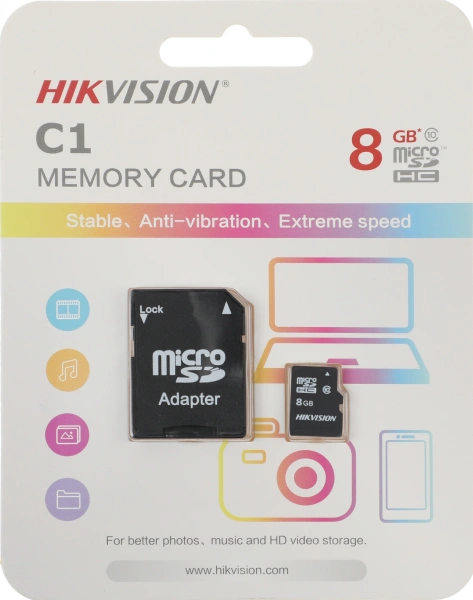 Флеш карта microSDHC 8Gb Class10 Hikvision HS-TF-C1(STD)/8G/Adapter C1 + adapter