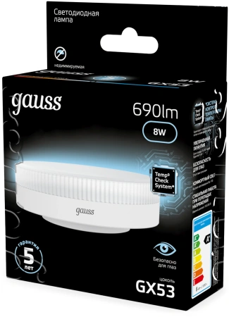 Лампа светодиодная Gauss 8Вт цок.:GX53 (упак.:10шт) таблетка 220B св.свеч.бел.нейт. Tablet (10800820