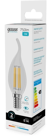 Лампа филам. Gauss Filament 12Вт цок.:E14 свеча 220B св.свеч.бел.нейт. (упак.:10шт) (42122)