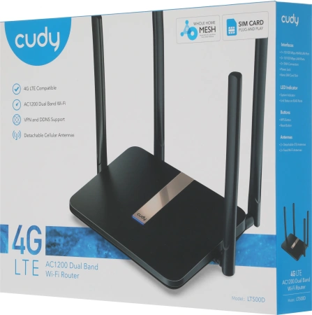 Роутер беспроводной Cudy LT500D AC1200 10/100BASE-TX/4G cat. 4 черный