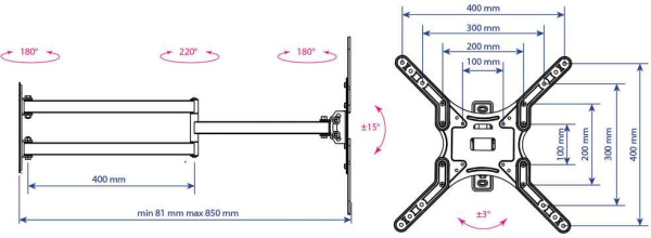 Кронштейн для телевизора Kromax DIX-25 черный 24"-55" макс.20кг настенный поворотно-выдвижной и наклонный