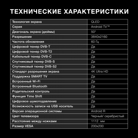 Телевизор QLED Hyundai 50" H-LED50QBU7500 Android TV Frameless черный 4K Ultra HD 60Hz DVB-T DVB-T2 DVB-C DVB-S DVB-S2 USB WiFi Smart TV