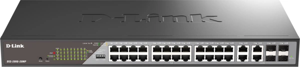 Коммутатор D-Link DSS-200G-28MP/A1A (L2) 24x1Гбит/с 4xКомбо(1000BASE-T/SFP) 24PoE 24PoE+ 370W настраиваемый