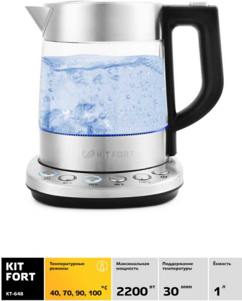 Чайник электрический Kitfort КТ-648 1л. 2200Вт нержавеющая сталь/черный (корпус: стекло)