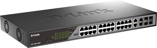 Коммутатор D-Link DSS-200G-28MP/A1A (L2) 24x1Гбит/с 4xКомбо(1000BASE-T/SFP) 24PoE 24PoE+ 370W настраиваемый