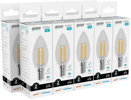 Лампа филам. Gauss Filament 8Вт цок.:E14 свеча 220B св.свеч.бел.нейт. (упак.:10шт) (32128)