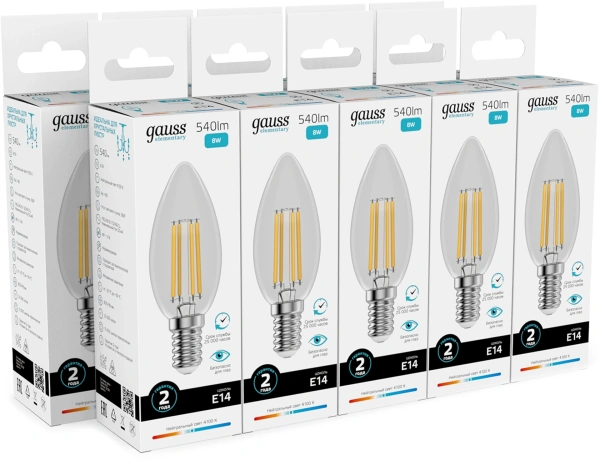 Лампа филам. Gauss Filament 8Вт цок.:E14 свеча 220B св.свеч.бел.нейт. (упак.:10шт) (32128)