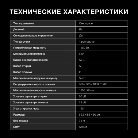 Стиральная машина Hyundai WFD8216 класс: A+++ загр.фронтальная макс.:8кг (с сушкой) белый инвертер