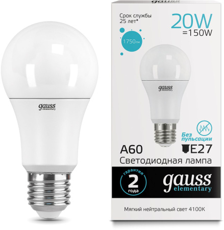 Лампа светодиодная Gauss Elementary 20Вт цок.:E27 груша 220B 4100K св.свеч.бел.нейт. A60 (упак.:10шт) (23229)