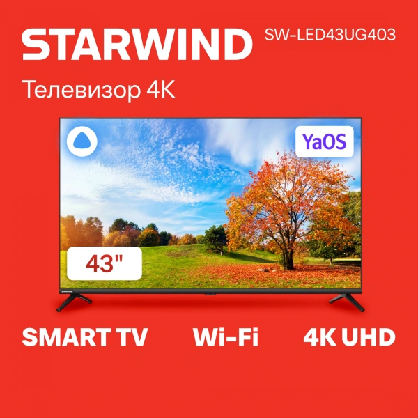 Телевизор LED Starwind 43" SW-LED43UG403 Яндекс.ТВ Frameless черный 4K Ultra HD 60Hz DVB-T DVB-T2 DVB-C DVB-S DVB-S2 USB WiFi Smart TV