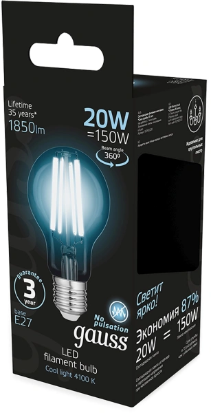 Лампа светодиодная Gauss Filament 102902220 20Вт цок.:E27 (упак.:10шт) груша 220B св.свеч.бел.нейт.