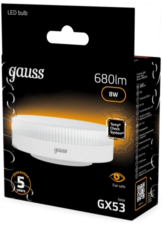 Лампа светодиодная Gauss 8Вт цок.:GX53 (упак.:10шт) таблетка 220B св.свеч.бел.теп. Tablet (108008108