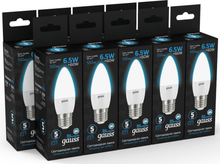 Лампа светодиодная Gauss 103102307 6.5Вт цок.:E27 свеча 220B 6500K св.свеч.бел.хол. (упак.:10шт)
