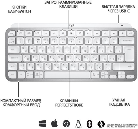 Клавиатура Logitech MX Keys Mini серебристый/белый USB беспроводная BT/Radio LED