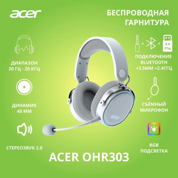Наушники с микрофоном Acer OHR303 белый мониторные BT/Radio/3.5mm (ZL.HDSEE.00A)