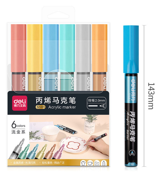 Маркер краска Deli S581 круглый пиш. наконечник 2мм 6цв. пакет с европодвесом (6шт.)