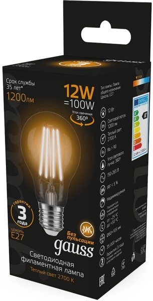 Лампа светодиодная Gauss Filament 102902112 12Вт цок.:E27 груша 185B св.свеч.бел.теп. грушевидная (упак.:10шт)