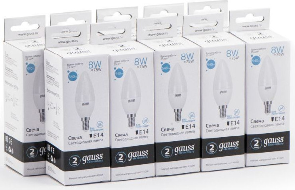 Лампа светодиодная Gauss Elementary 8Вт цок.:E14 свеча 220B 4100K св.свеч.бел.нейт. С35 (упак.:10шт) (33128)