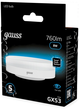 Лампа светодиодная Gauss 108008308 8Вт цок.:GX53 таблетка 150B св.свеч.бел.хол. GX53 (упак.:10шт)