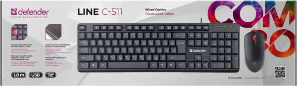 Клавиатура + мышь Defender Line C-511 клав:черный мышь:черный/красный USB Multimedia (45511)