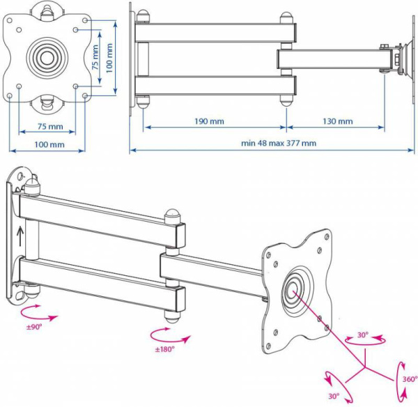 Кронштейн для телевизора Kromax DIX-15 черный 15"-28" макс.30кг настенный поворот и наклон