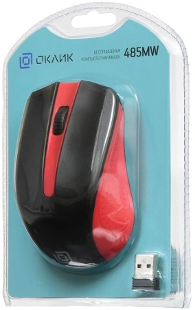 Мышь Оклик 485MW черный/красный оптическая (1200dpi) беспроводная USB для ноутбука (3but)
