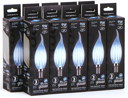 Лампа светодиодная Gauss Filament 9Вт цок.:E14 (упак.:10шт) свеча 220B св.свеч.бел.нейт. CF35 (10480