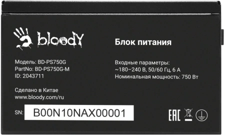Блок питания Bloody ATX 750W BD-PS750G 80+ gold (20+4pin) APFC 120mm fan color LED 6xSATA Cab Manag RTL