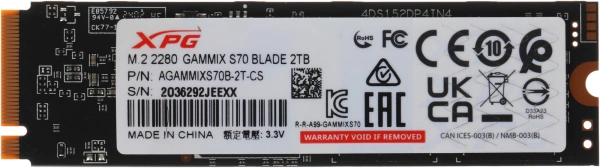 Накопитель SSD A-Data PCI-E 4.0 x4 2Tb AGAMMIXS70B-2T-CS XPG Gammix S70 Blade M.2 2280