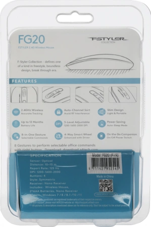 Мышь A4Tech Fstyler FG20 розовый оптическая (2000dpi) беспроводная USB для ноутбука (4but)