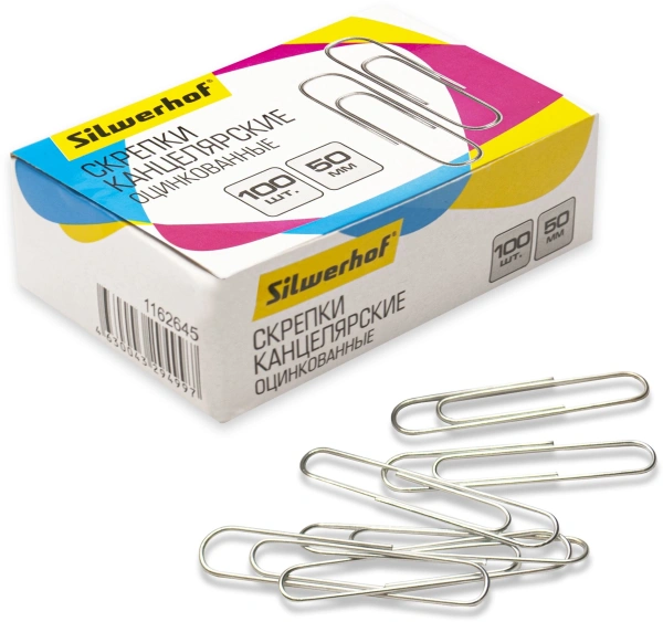 Скрепки Silwerhof 491037 металл оцинкованные 50мм (упак.:100шт) картонная коробка
