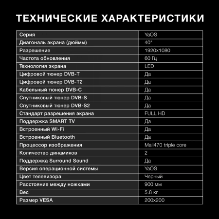 Телевизор LED Hyundai 40" H-LED40BS5003 Яндекс.ТВ Frameless черный FULL HD 60Hz DVB-T DVB-T2 DVB-C DVB-S DVB-S2 USB WiFi Smart TV