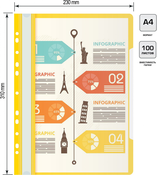 Папка-скоросшиватель Бюрократ PS-P20YEL A4 прозрач.верх.лист боков.перф. пластик желтый