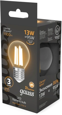 Лампа филам. Gauss Filament 13Вт цок.:E27 шар 220B св.свеч.бел.теп. (упак.:10шт) (105802113)
