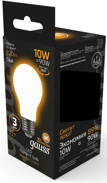 Лампа светодиодная Gauss 10Вт цок.:E27 шар 220B 2700K св.свеч.бел.теп. A60 (упак.:10шт) (102202110)