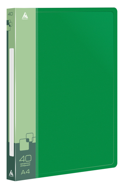 Папка с 40 прозр.вклад. Бюрократ -BPV40GRN A4 пластик 0.65мм торц.карм с бум. встав зеленый