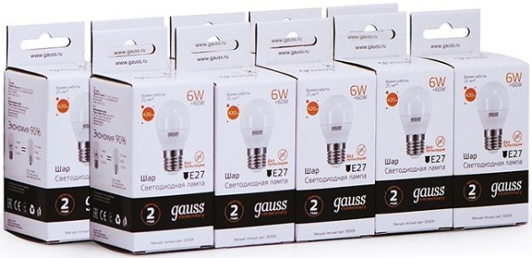 Лампа светодиодная Gauss Elementary 6Вт цок.:E27 шар 220B 3000K св.свеч.бел.теп. (упак.:10шт) (53216)