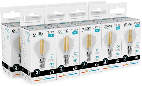 Лампа филам. Gauss Filament 12Вт цок.:E14 шар 220B св.свеч.бел.нейт. (упак.:10шт) (52122)
