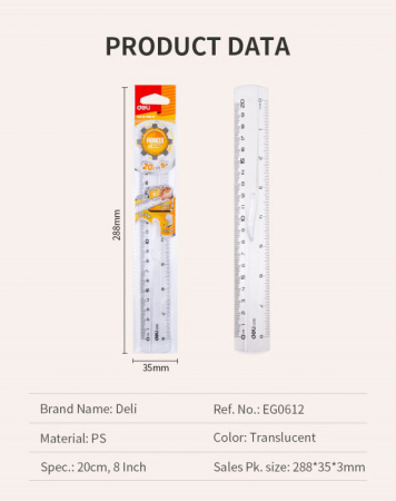Линейка Deli EG01612 пластик дл.20см прозрачный с держателем европодвес