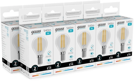 Лампа филам. Gauss Filament 8Вт цок.:E14 шар св.свеч.бел.нейт. (упак.:10шт) (52128)