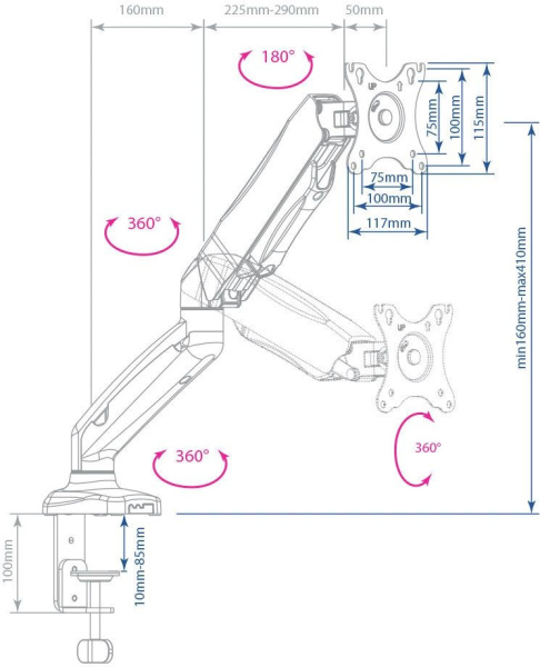 Кронштейн для мониторов Arm Media LCD-T21w белый 15"-32" макс.6.5кг настольный поворот и наклон верт.перемещ.