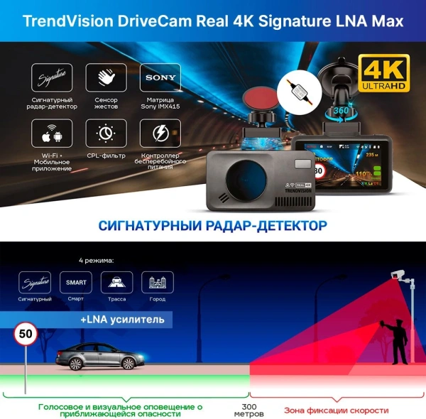 Видеорегистратор с радар-детектором TrendVision DriveCam Real 4K Signature LNA Max GPS ГЛОНАСС черный