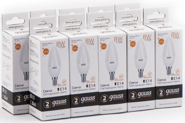 Лампа светодиодная Gauss Elementary 8Вт цок.:E14 свеча 220B 3000K св.свеч.бел.теп. С35 (упак.:10шт) (33118)