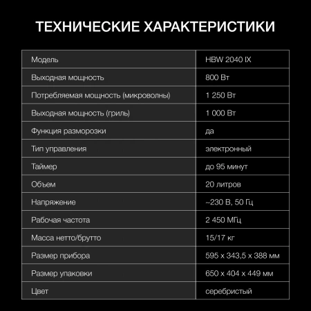 Микроволновая печь Hyundai HBW 2040 IX 20л. 800Вт серебристый (встраиваемая)