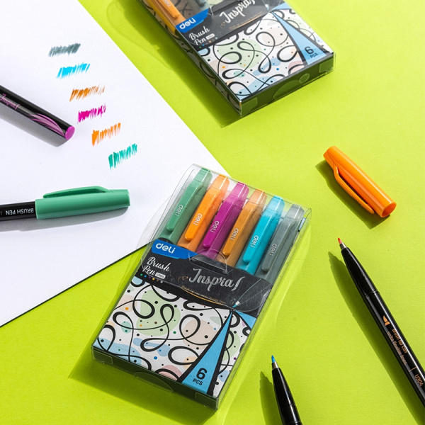 Набор ручек ручка-кисть Deli Inspira EU304 черн ассор. черн. блистер ев. 6цв.